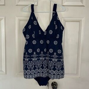 Jantzen Blue And White Floral Print One Piece Swimsuit
